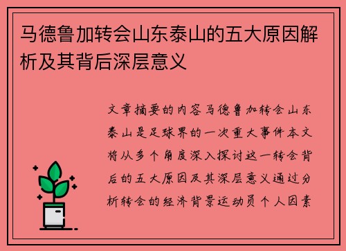 马德鲁加转会山东泰山的五大原因解析及其背后深层意义