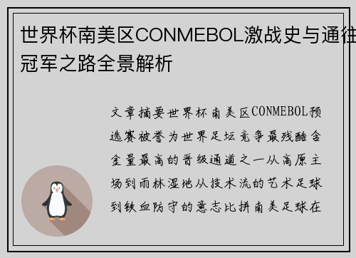 世界杯南美区CONMEBOL激战史与通往冠军之路全景解析